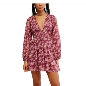 Free PeopleKeep You Floral Print V-Neck LongSleeve Mini Dress